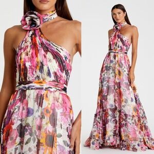 Mac Duggal Asymmetrical Tiered Ruffle Halter Floral Chiffon Gown - Size 12